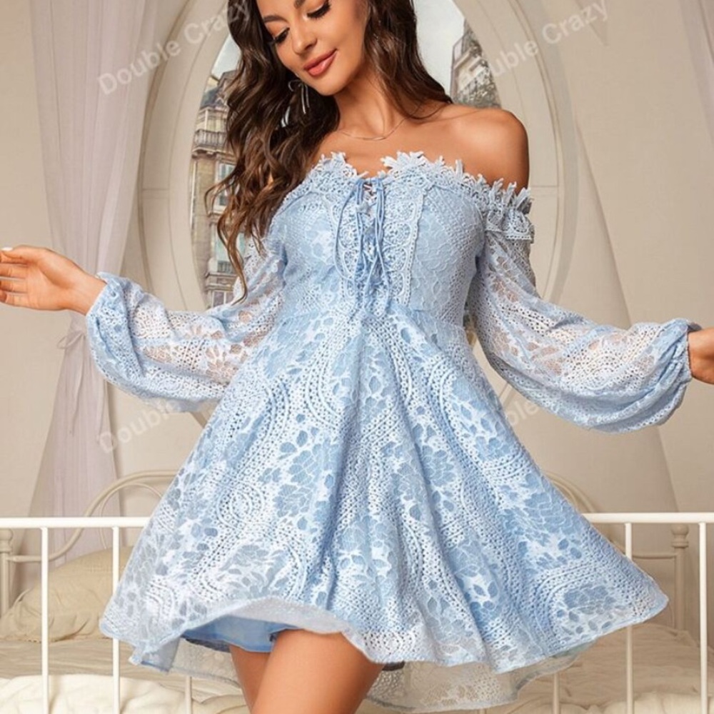 Double Crazy Off Shoulder, Lace Up Front ,Lantern Sleeve Lace Dress